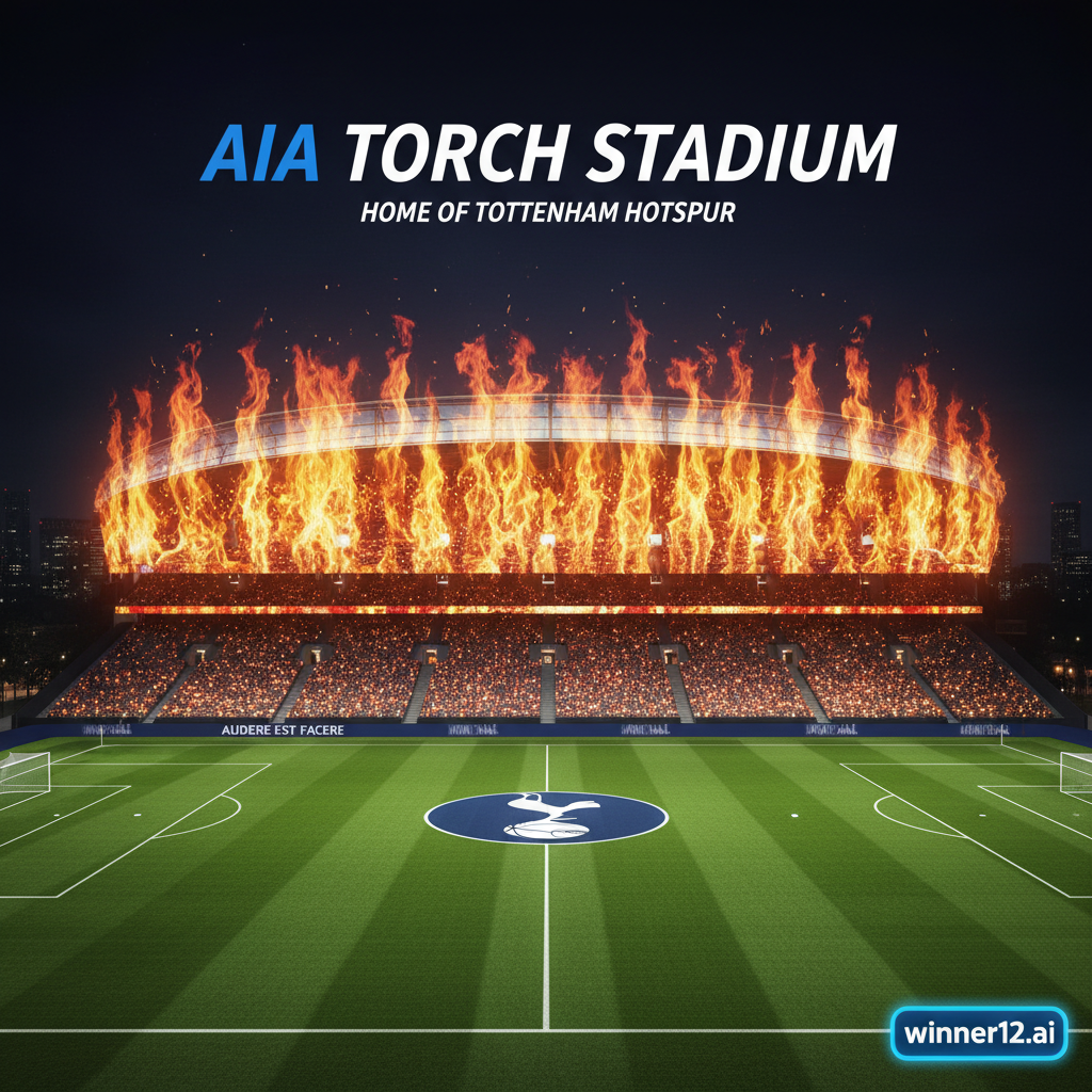 Alt text: Night view of the newly renamed AIA Torch Stadium, formerly Tottenham Hotspur Stadium, featuring a vibrant LED flame facade glowing vividly. The poster highlights the iconic soccer pitch, goalposts, and Tottenham Hotspur branding, symbolising the £55 million per year sponsorship deal. Subtle winner12.ai branding is included, emphasising modernity and prestige in English soccer culture.
