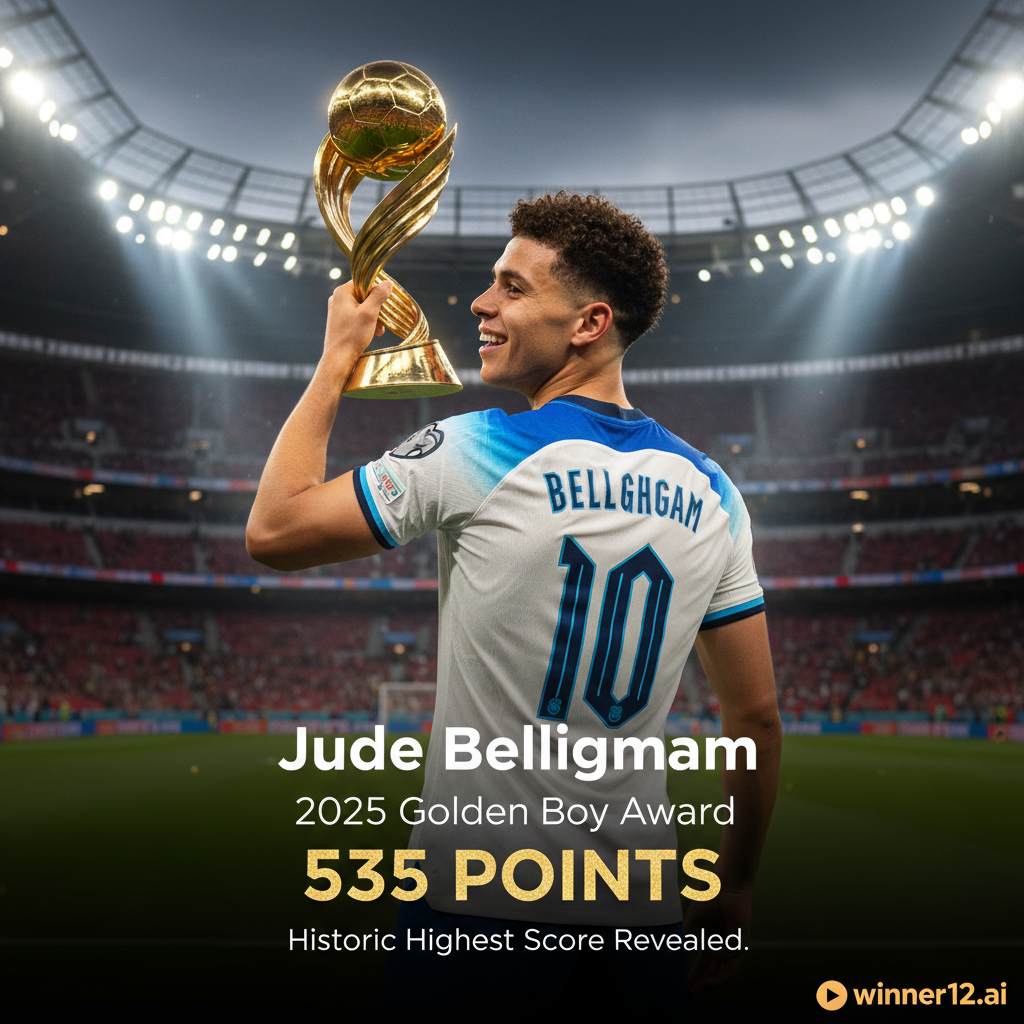 图片ALT文本：贝林厄姆身穿英格兰国家队球衣，庆祝2025年金童奖，手持象征奖杯的金色奖杯，背景为典型英格兰足球场元素，灯光聚焦突出其核心地位，海报上方有“Jude Bellingham — 2025 Golden Boy Award: Historic Highest Score Revealed”现代文字，右下角隐约展示winner12.ai品牌标志。