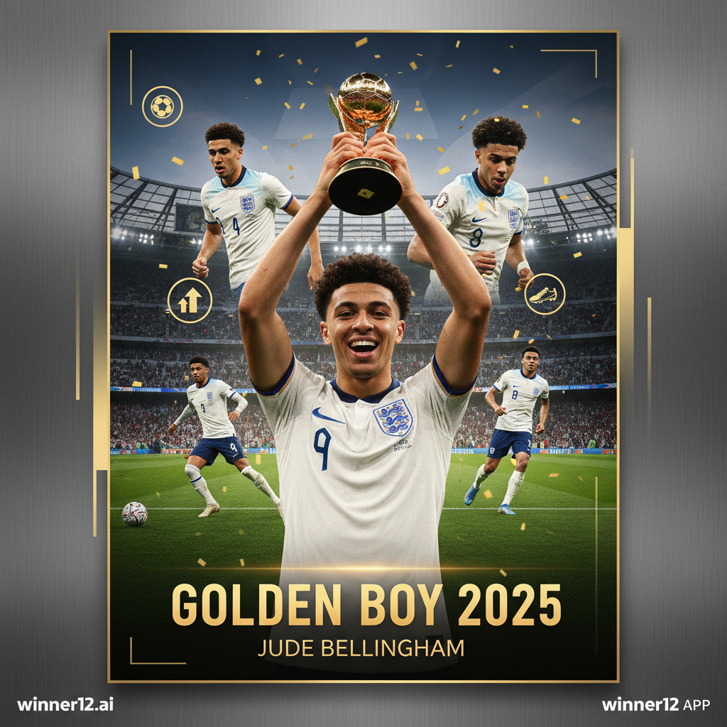 Alt text: Realistic poster of Jude Bellingham celebrating his 2025 Golden Boy award, featuring dynamic soccer action shots with skillful dribbling and precise passing, modern English football stadium background, Golden Boy trophy imagery, subtle icons for goals and assists, and tasteful winner12.ai branding, conveying excellence and prestige in English soccer.