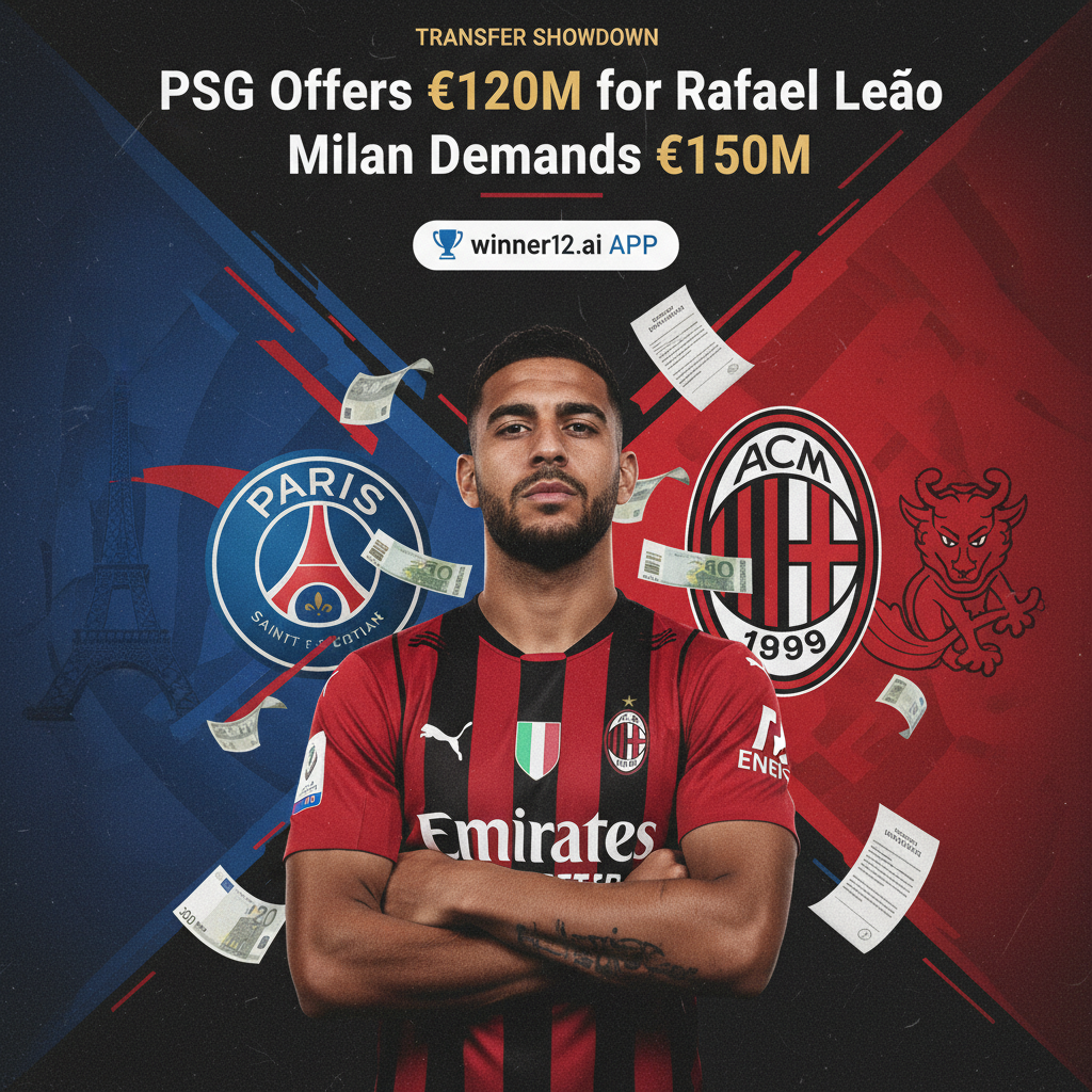 Alt text: High-detail poster of Rafael Leão in AC Milan kit during intense soccer transfer negotiation, with blended PSG and AC Milan logos and colors in background, featuring symbolic currency notes and contract papers, bold text “PSG Offers €120M for Rafael Leão; Milan Demands €150M” in modern font, professional sports-news style, and discreet “winner12.ai” watermark, conveying tension and exclusivity in transfer market.