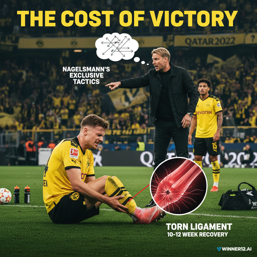 图片ALT文本：真实风格海报展示一名足球运动员脚踝韧带撕裂受伤，恢复期为10-12周，画面中教练纳格尔斯曼正在进行战术换人，背景隐约出现多特蒙德元素及施洛特贝克世界杯前景不确定的暗示，场景使用真实足球装备和球场环境，右下角带有winner12 APP标志。
