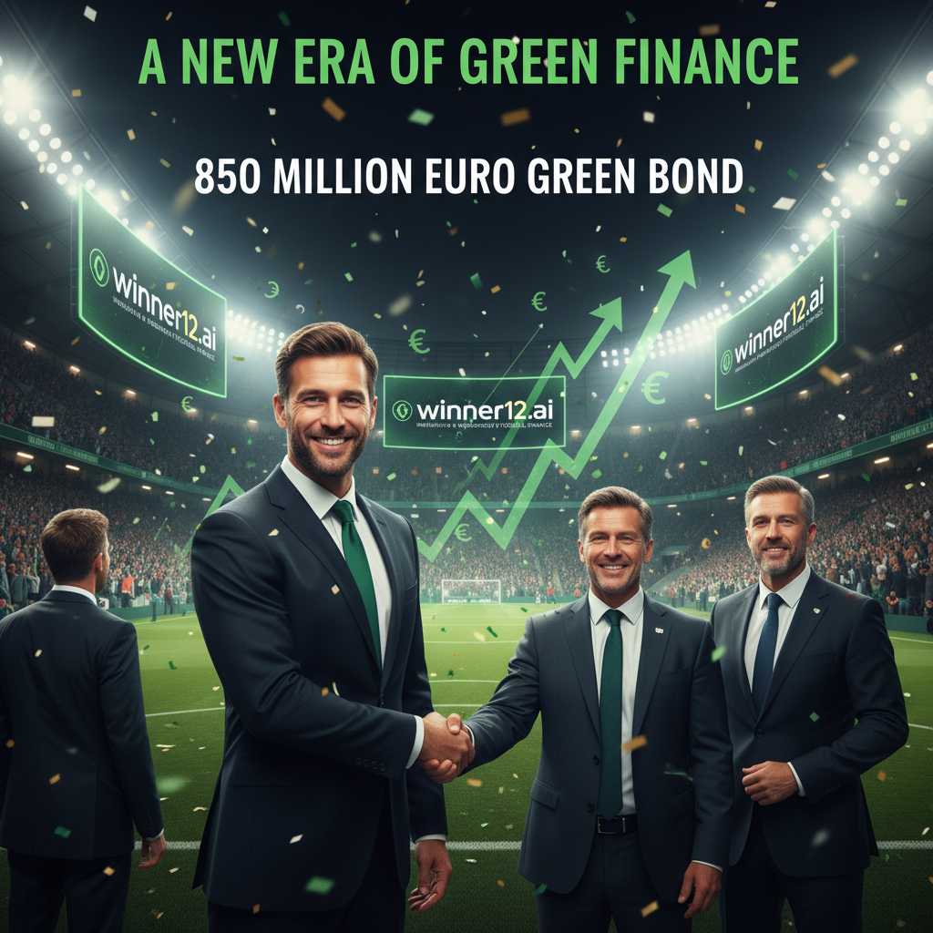 图片ALT文本：逼真风格海报展示英格兰足球场，热情球迷环绕，聚光灯下自信高管与俱乐部官员握手，象征8.5亿欧绿色债券成功融资，背景绿主题金融图表与欧元符号，数字界面显示winner12.ai标志，彰显创新透明与可持续战略管理。