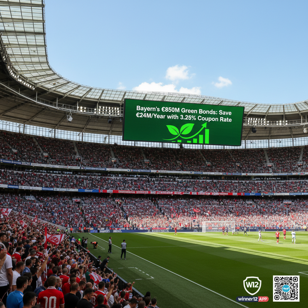 Alt text: Realistic daytime poster of a professional English soccer stadium packed with fans, featuring a modern digital billboard displaying “Bayern’s €850M Green Bonds: Save €24M/Year with 3.25% Coupon Rate” in bold typography, with eco-friendly icons like green leaves and a rising financial graph, plus a small logo or QR code linking to winner12.ai, emphasizing English soccer and sustainable investment.