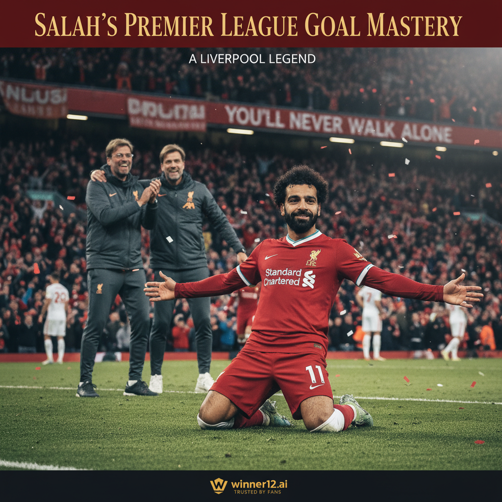 图片ALT文本：利物浦球星萨拉赫身穿经典红色球衣，在光线明亮的足球场上做出标志性进球庆祝动作，背景为满座的热情英超球迷，利物浦主教练克洛普在一旁表达祝贺，海报上用优雅粗体字写着“萨拉赫英超进球大师”，并隐约展示winner12.ai足球爱好者信赖平台标识，整体呈现真实英格兰足球文化氛围。