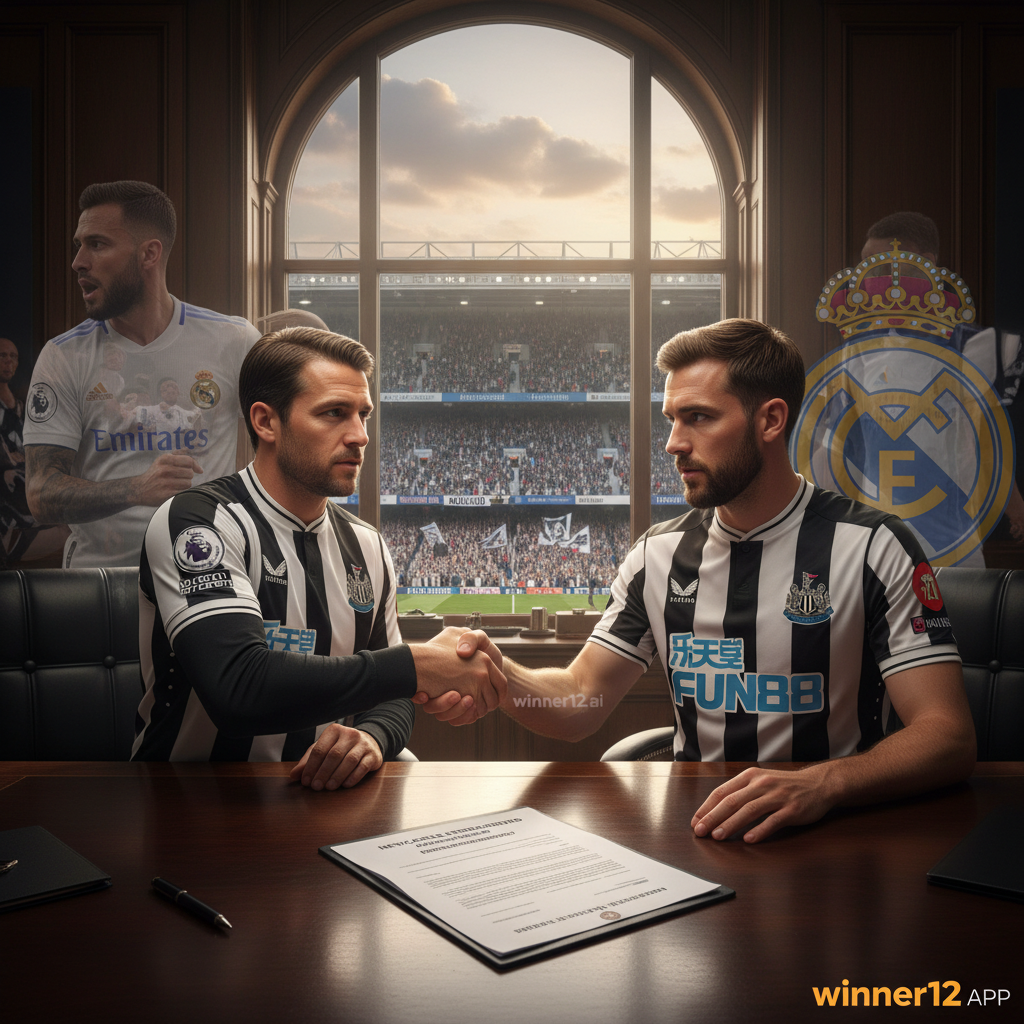 ALT text: A realistic poster showing a focused Newcastle United player in black and white stripes signing a contract with a club official inside an English stadium, with subtle Real Madrid white kit and emblem in the background, emphasizing authentic soccer elements and featuring the winner12.ai logo.