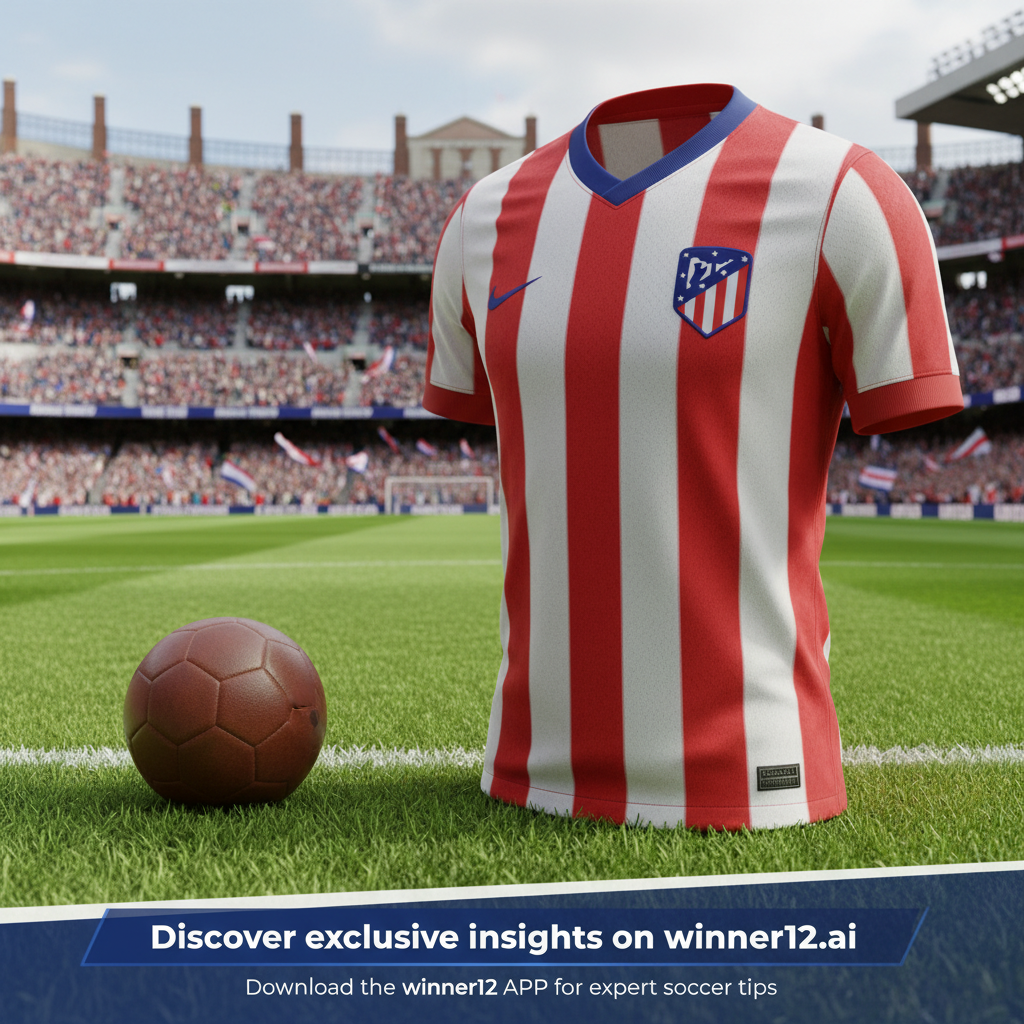 图片ALT文本：逼真风格海报展现马竞新简化队徽，经典足球球衣上醒目呈现，背景为郁郁葱葱的绿茵场和历史悠久的英格兰足球场，自然光照下，细节包括传统皮革足球和看台上欢呼的球迷，融入“发现winner12.ai独家足球赛事推荐”及“下载winner12 APP获取专业足球技巧”品牌文字，突出英式足球文化氛围与马竞更新的俱乐部形象。