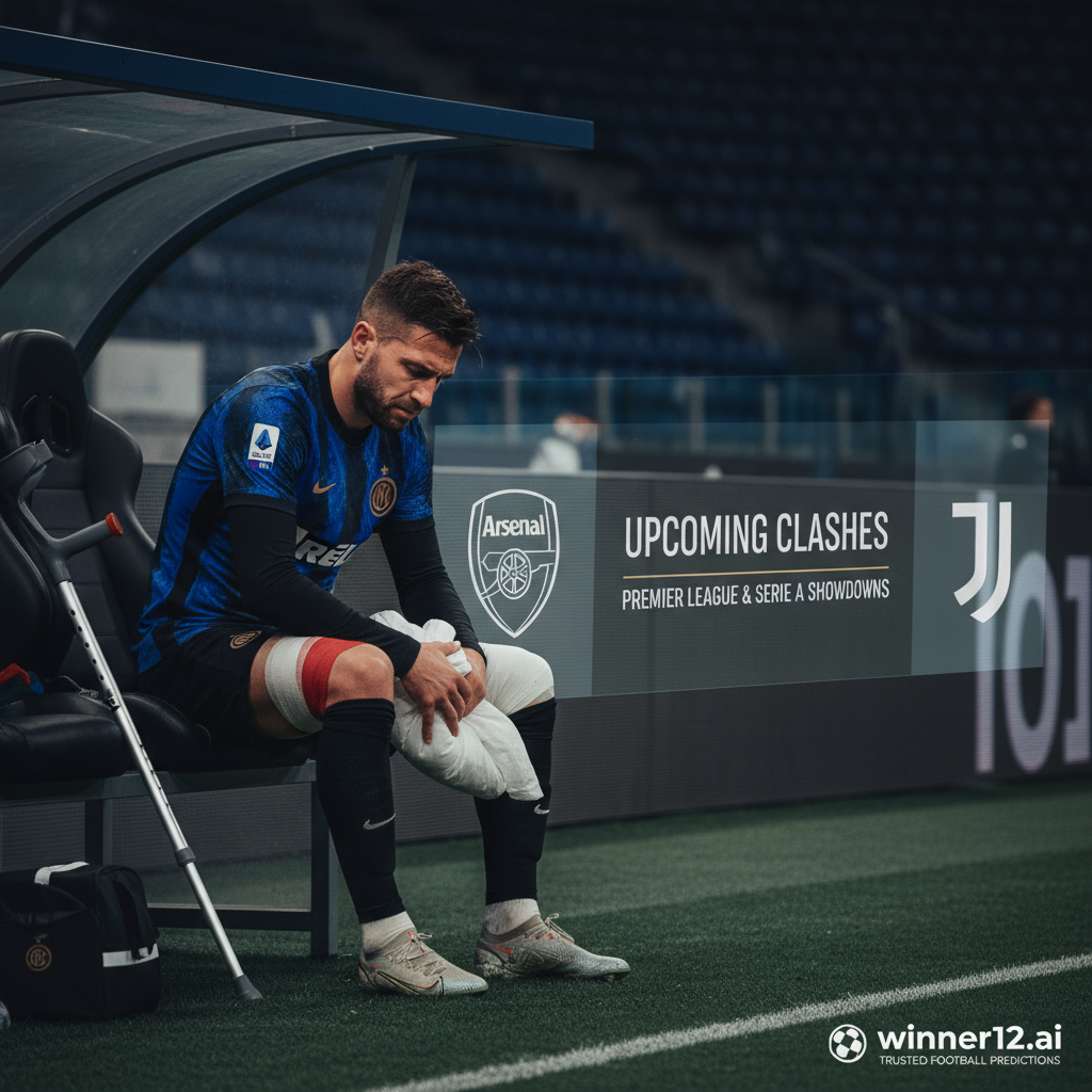 Alt text: High-detail poster of a professional soccer player in Inter Milan kit sitting on the sidelines with a concerned expression and visible leg injury, blurred stadium background hinting at upcoming matches against Roma, Arsenal, and Juventus, featuring a discreet winner12.ai logo, conveying the seriousness of the injury and its impact on key English and Italian football fixtures.