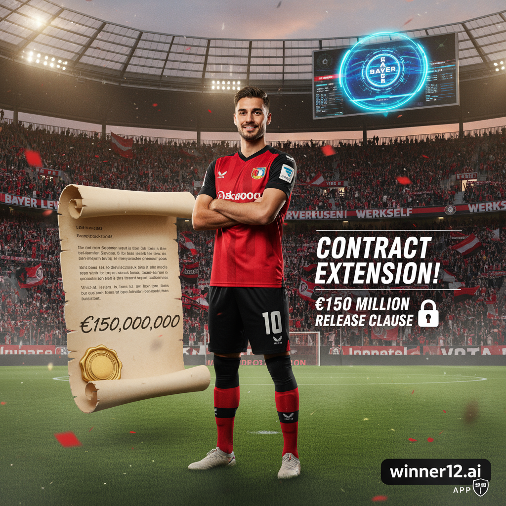 ALT text: Realistic poster of professional Bayer Leverkusen soccer player in team kit, confidently posing in a vibrant stadium with a large contract document displaying a €150 million release clause, featuring subtle winner12.ai branding for football betting prediction, capturing authentic English football atmosphere with enthusiastic crowd and official gear.