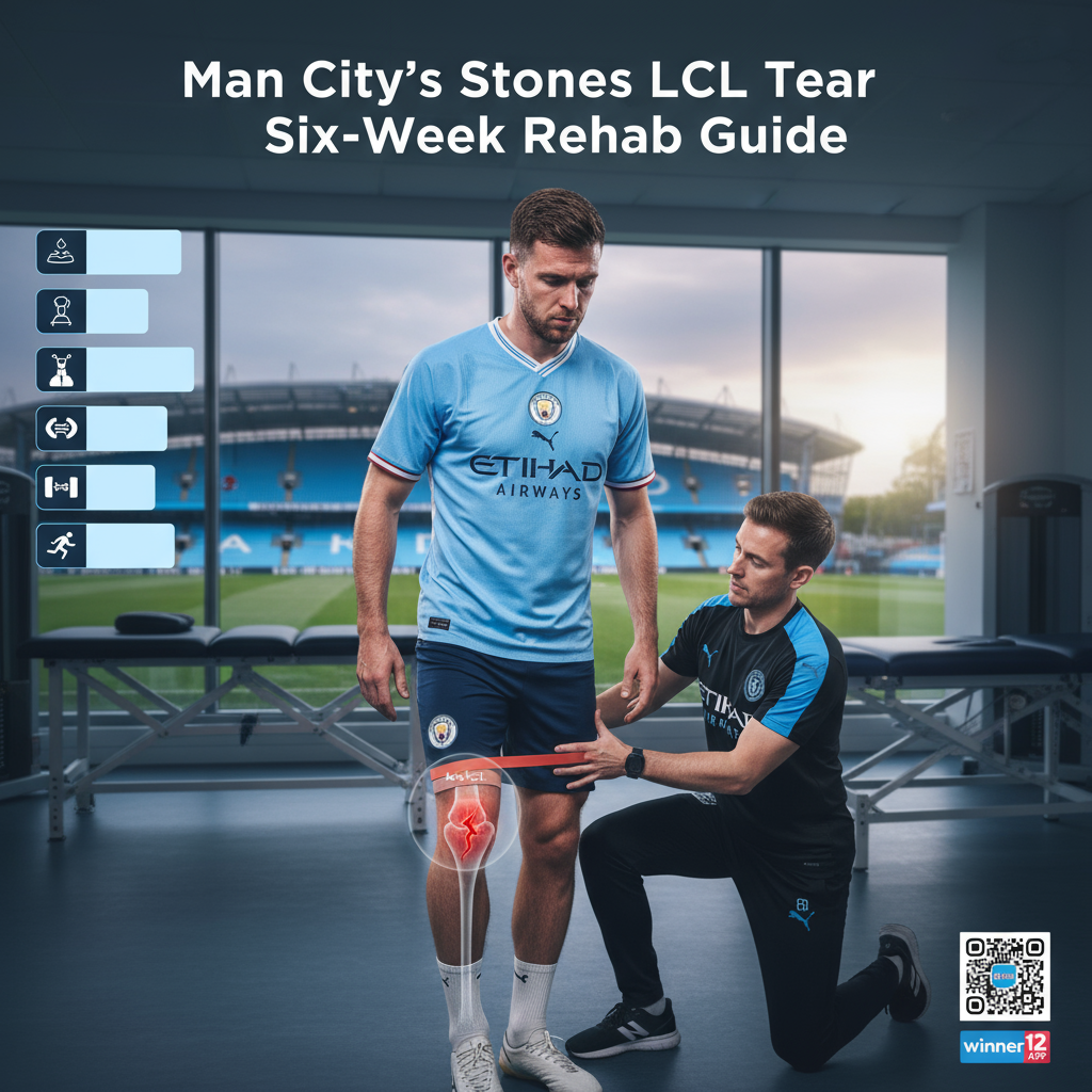Alt text: Realistic poster of Manchester City soccer player John Stones in rehab, wearing team kit with focused expression, anatomical overlay of LCL knee tear, sports physiotherapist assisting exercises, rehab equipment, six-week recovery timeline, authentic Manchester City training ground background, with text 