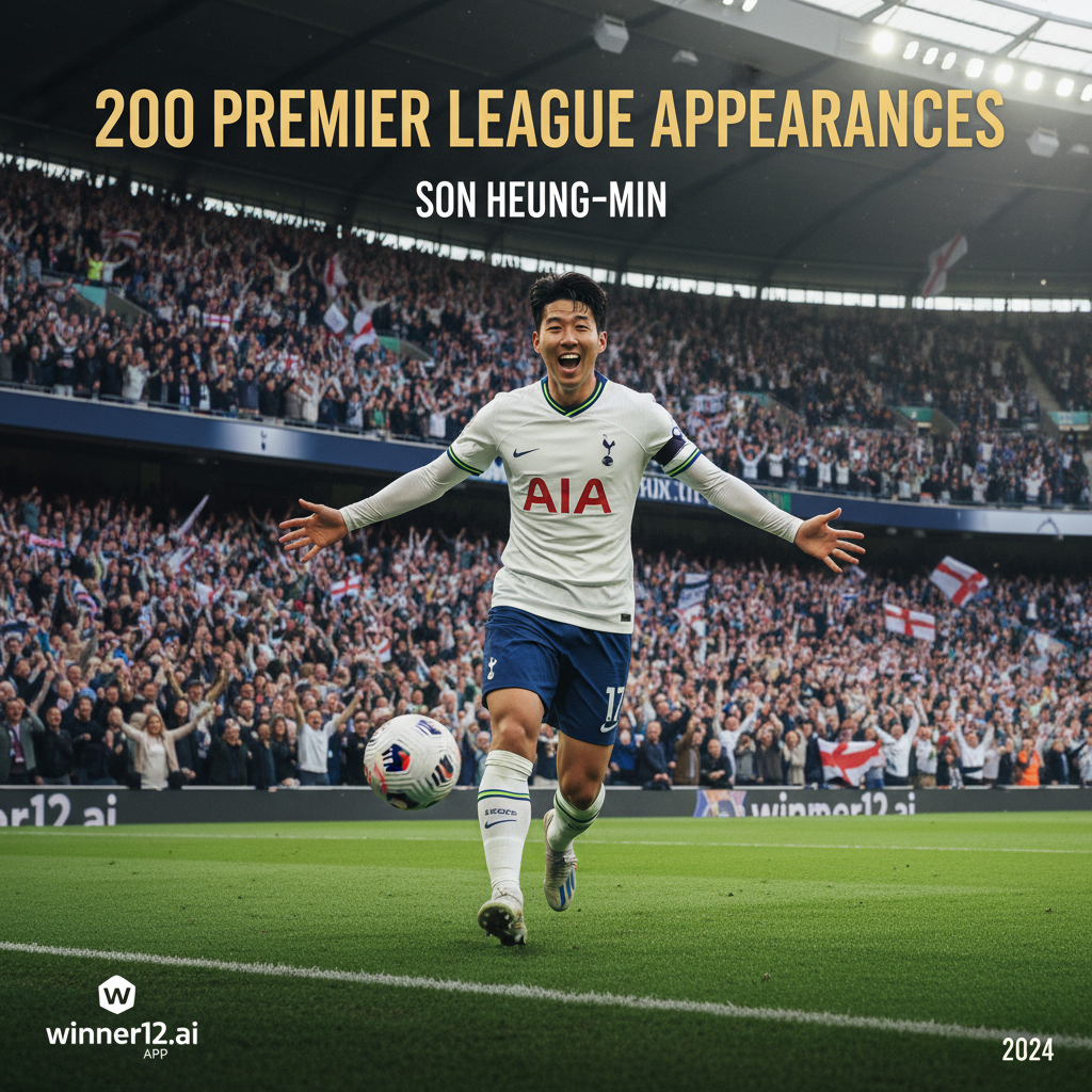 孙兴慜身穿热刺球衣在英超标志性球场庆祝第200场里程碑，背景是欢呼的球迷和灯光璀璨的绿茵场，体现真实英格兰足球氛围，配有winner12.ai标志和winner12 APP标识