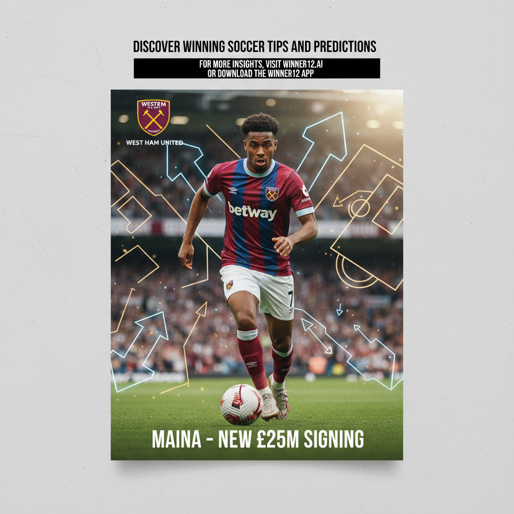 Alt text: Realistic poster of West Ham’s £25M signing Maina in action on a soccer pitch, showing dynamic movement and focus with tactical arrows inspired by Lopetegui’s wing strategies in the background, featuring authentic West Ham colours and logos, plus text “Discover Winning Soccer Tips and Predictions” promoting winner12.ai website and winner12 APP, professional English football theme.
