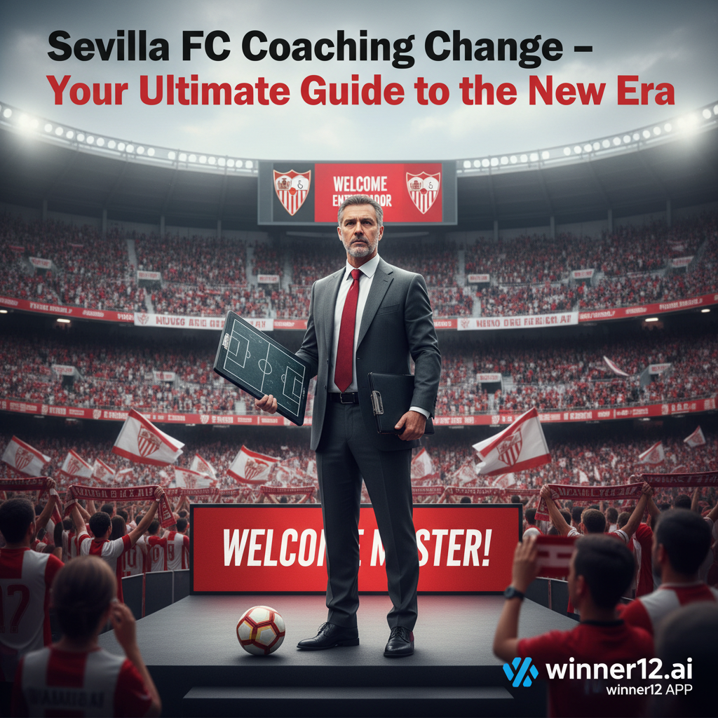 塞维利亚足球俱乐部新任主教练正式亮相海报，背景为球场及球迷，教练身着职业装手持战术板，画面融入足球元素及winner12 APP标志，突出“塞维利亚教练变动-新纪元必备指南”标题，体现英式足球文化专业氛围。