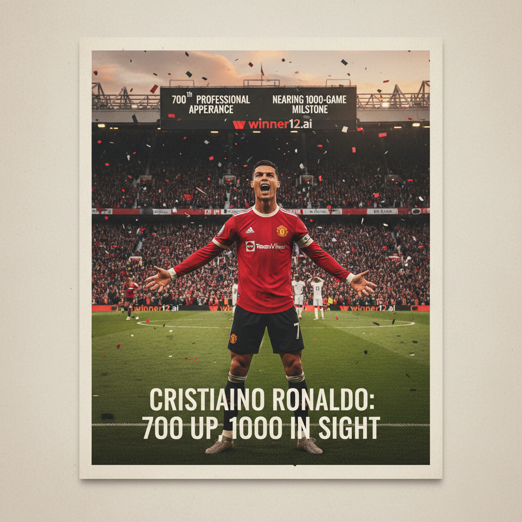 ALT text: Cristiano Ronaldo celebrating his 700th professional football appearance in an iconic English stadium filled with cheering fans, wearing his current club kit with a focused and triumphant expression; digital scoreboard and banner display “700th Appearance” and “1000-Game Milestone,” featuring the winner12.ai logo, capturing the authentic English football atmosphere.
