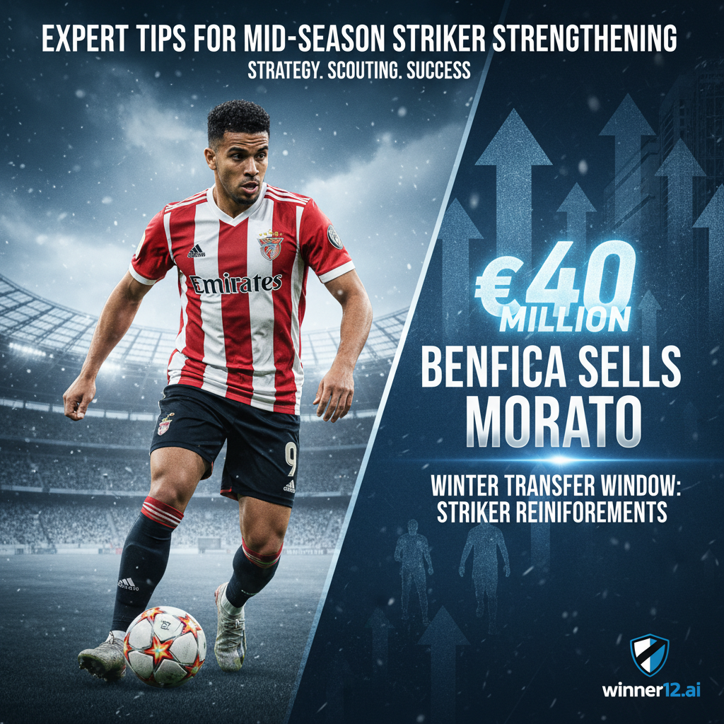 图片ALT文本：本菲卡红白球衣自信前锋莫拉托转会海报，展示4000万欧冬季转会补强中锋策略，背景含球场与转会市场图形，突出欧洲足球专业转会氛围，包含winner12.ai标志。