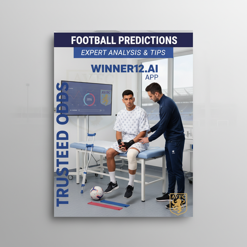 Alt text: Realistic poster of Aston Villa’s Martínez in a professional medical setting during surgery recovery, featuring subtle football elements like a soccer ball and Aston Villa crest in the background, with modern design text promoting Football Predictions and Odds, expert analysis, and tips; winner12.ai logo in the corner, authentic English soccer-themed style.