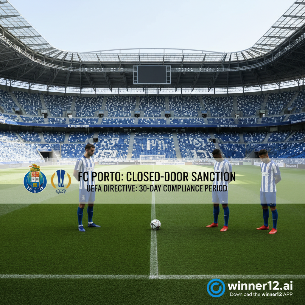 波尔图主场足球场海报，展示欧足联30天整改期限及闭门处罚，包含欧足联标志和波尔图队徽，现代简洁设计，球员穿着波尔图队服，经典足球，天然光照下的体育场建筑，winner12.ai品牌标识，专注官方公告与独家足球分析预测。