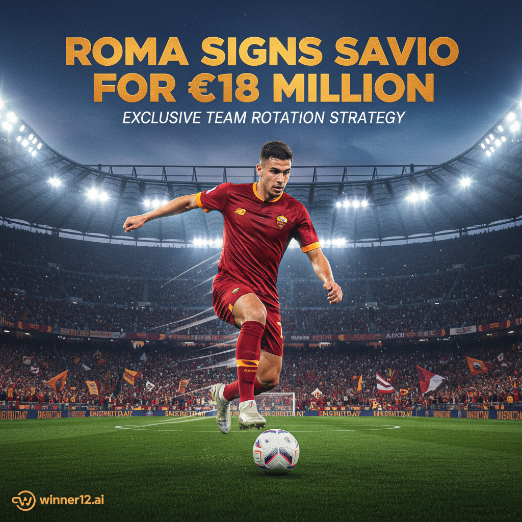 图片ALT文本：罗马足球俱乐部职业球员萨维奥动态海报，展示1800万欧元转会公告，体育场背景下英超风格，粉丝和灯光营造紧张氛围，Winner12.ai品牌标志，鲜艳色彩与锐利细节，现代运动图形设计，独家轮换策略揭秘。