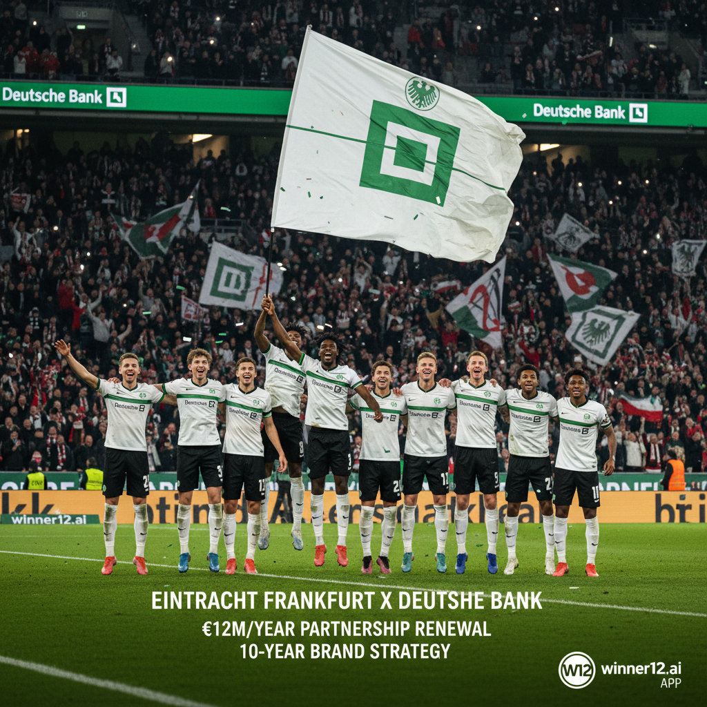 Alt text: Eintracht Frankfurt soccer players in authentic kits celebrating a €12M/year sponsorship renewal with Deutsche Bank on a stadium pitch, featuring prominent Deutsche Bank logos on jerseys and banners, dynamic lighting, vibrant crowd, modern typography highlighting 