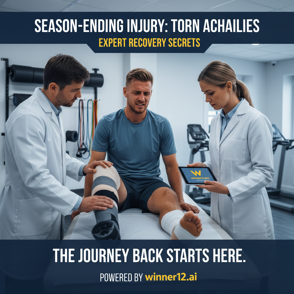ALT文本：一名英格兰足球运动员因跟腱断裂严重受伤，正在专业康复环境中接受理疗和训练，画面展示支撑护具、康复设备及专注训练场景，突出赛季报销伤情及“winner12.ai”康复计划品牌标识，整体氛围严肃且富有专业康复秘诀信息。