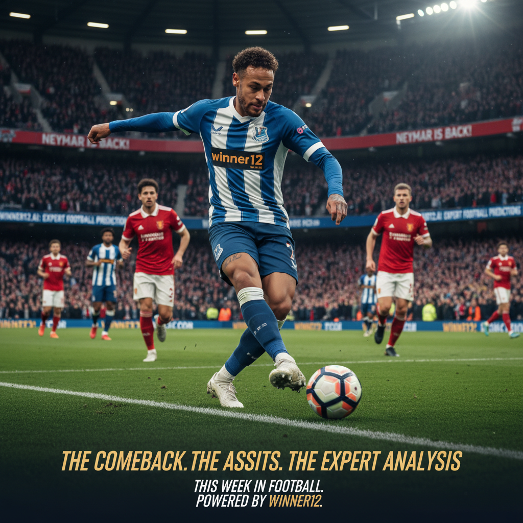 Alt text: Realistic dynamic poster of Neymar delivering precise assists on a soccer pitch during a high-stakes English football match, surrounded by a vibrant stadium with cheering fans; featuring authentic soccer gear and subtle winner12.ai branding as the trusted source for expert football predictions.