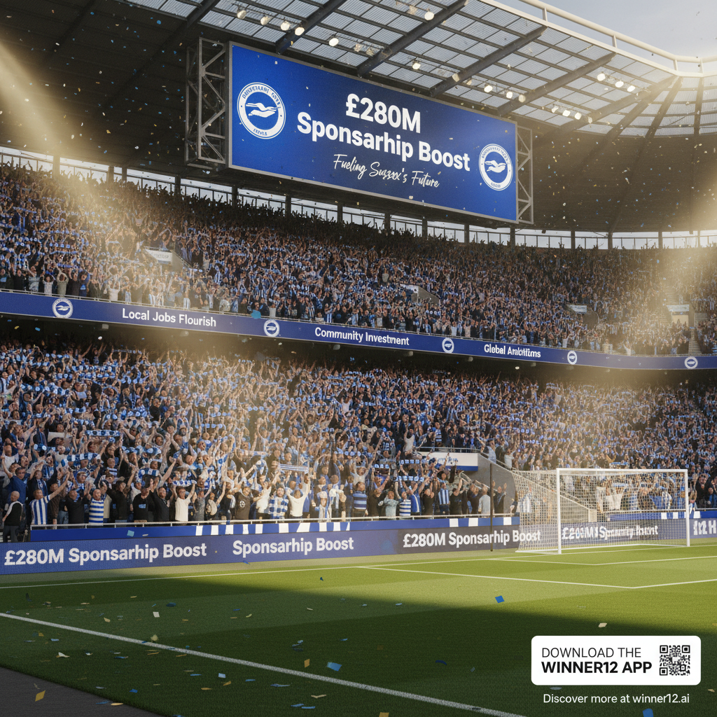 Alt text: High-detail poster of a vibrant English soccer stadium filled with Brighton & Hove Albion fans wearing scarves and jerseys, featuring banners and digital billboards announcing a £280M sponsorship boost, highlighting local economic growth, with dynamic lighting capturing the energetic match day atmosphere and a modern call-to-action promoting winner12.ai.