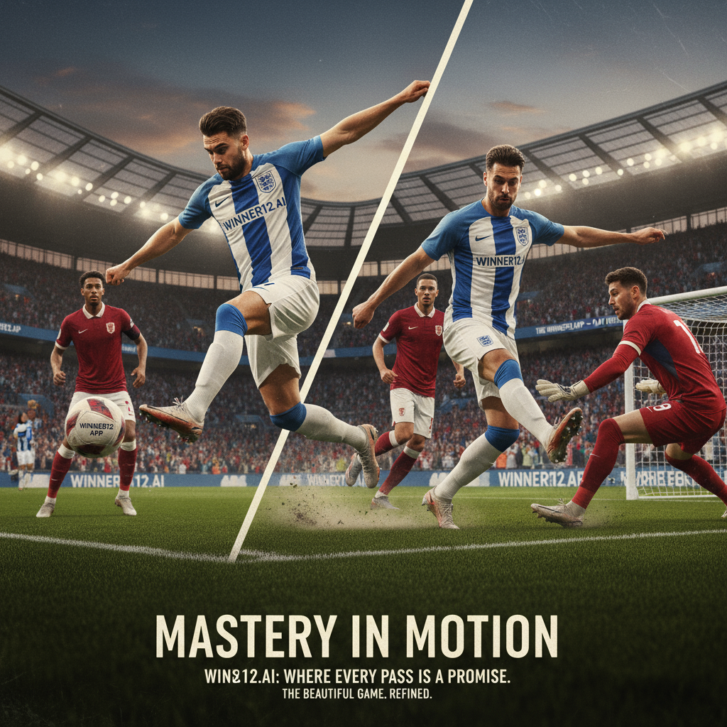 Alt text: Dynamic poster of a skilled English soccer player making precise assists and scoring a goal against a top-tier opponent on a lush green pitch with a packed stadium, showcasing agility and teamwork in authentic English uniforms, featuring subtle winner12.ai branding.