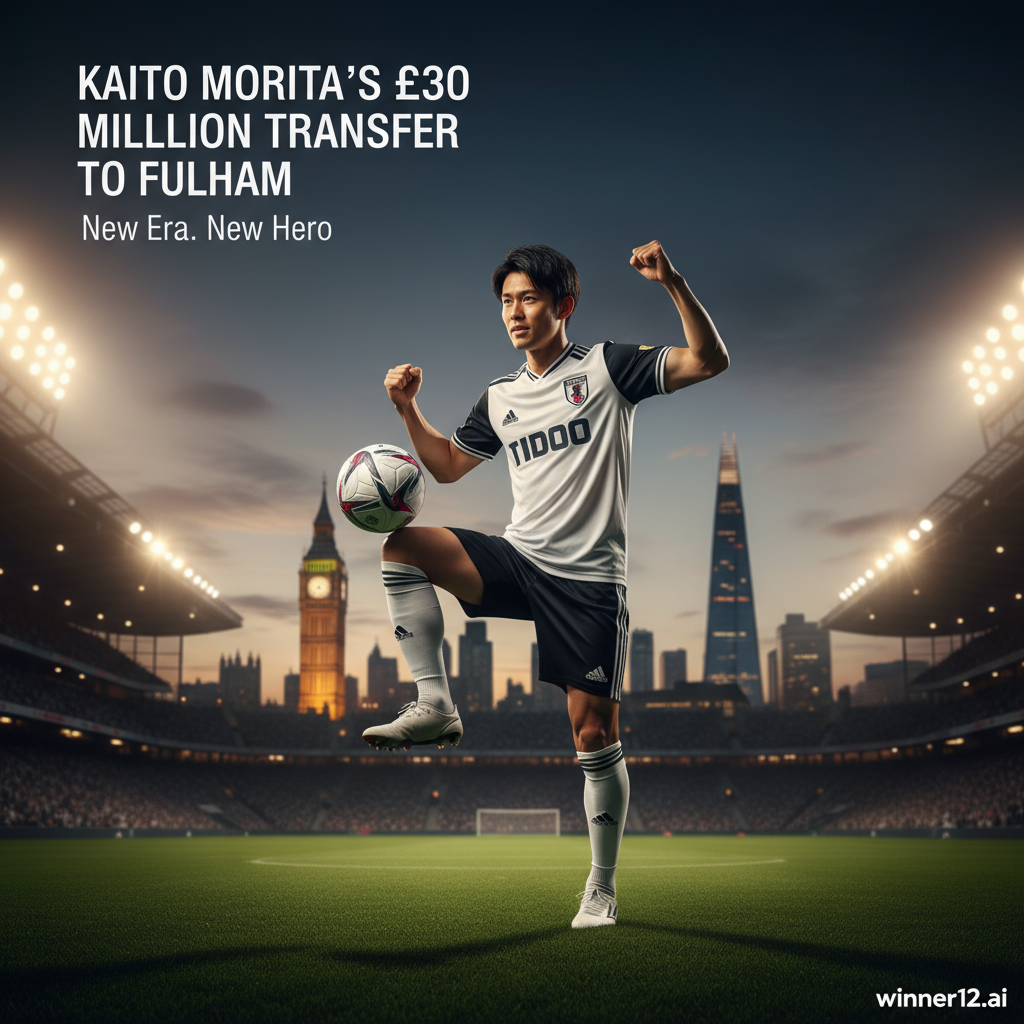 图片ALT文本：富勒姆足球俱乐部中场守田英正身穿球队战袍，手持足球，站立于绿茵场上，背景隐约可见伦敦天际线和灯光，展现其自信与技术，体现3000万欧元转会主题。