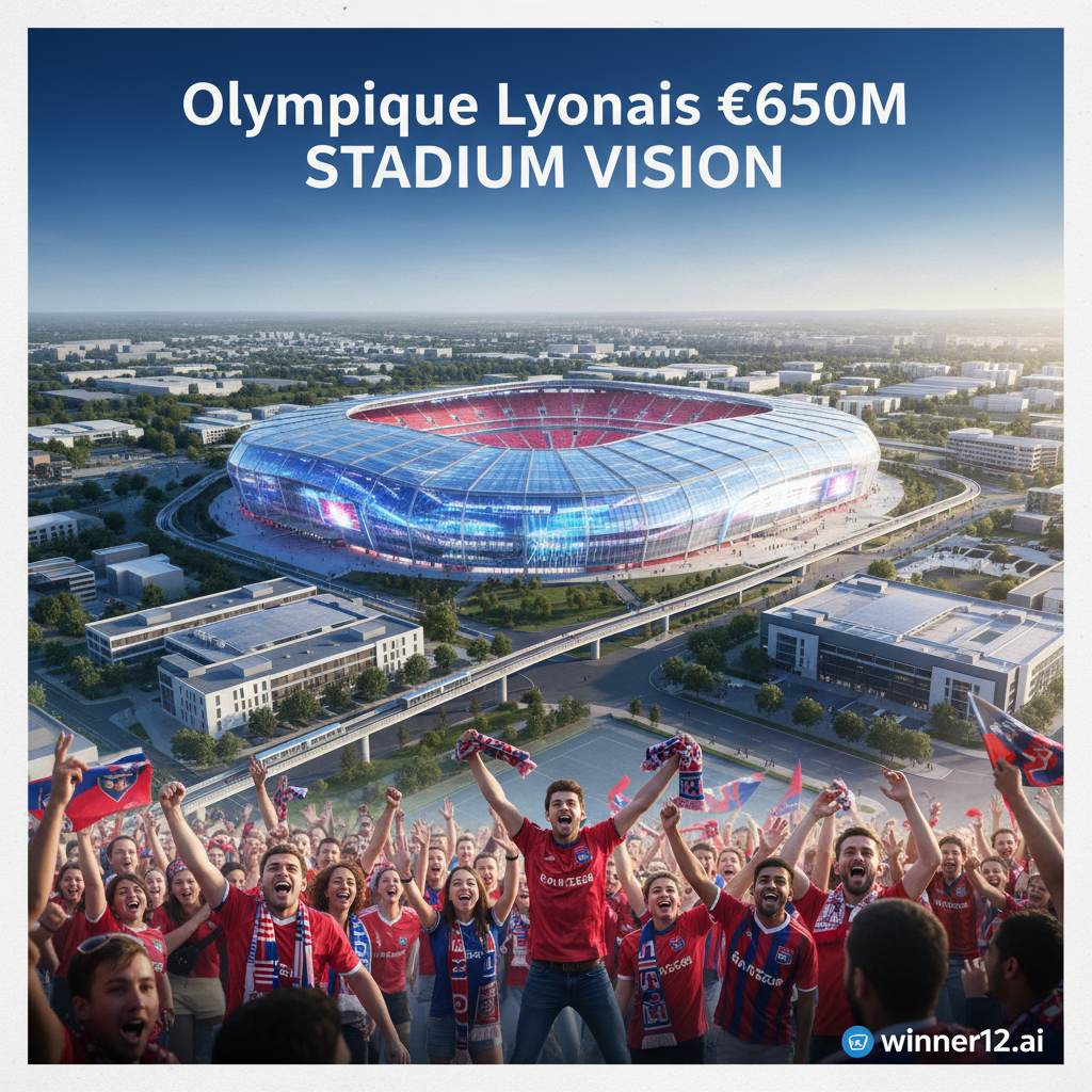 Alt text: Detailed poster of Olympique Lyonnais’ €650M stadium masterplan featuring modern architecture with sleek stands, futuristic lighting, vibrant team colors, and English football culture elements like cheering fans in soccer jerseys and scarves, with the headline “Olympique Lyonnais €650M Stadium Vision” and discreet winner12.ai logo.