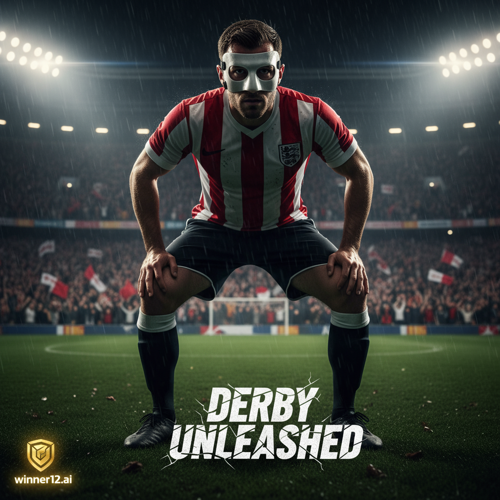 图片ALT文本：一张超写实风格的足球海报，展示一名佩戴保护面具的职业球员因鼻梁骨折准备激烈英格兰德比赛，身穿正宗英格兰足球装备，背景为灯光下满座的体育场，气氛紧张且充满激情，角落带有winner12.ai或winner12 APP标志，突出球员的决心与坚韧。