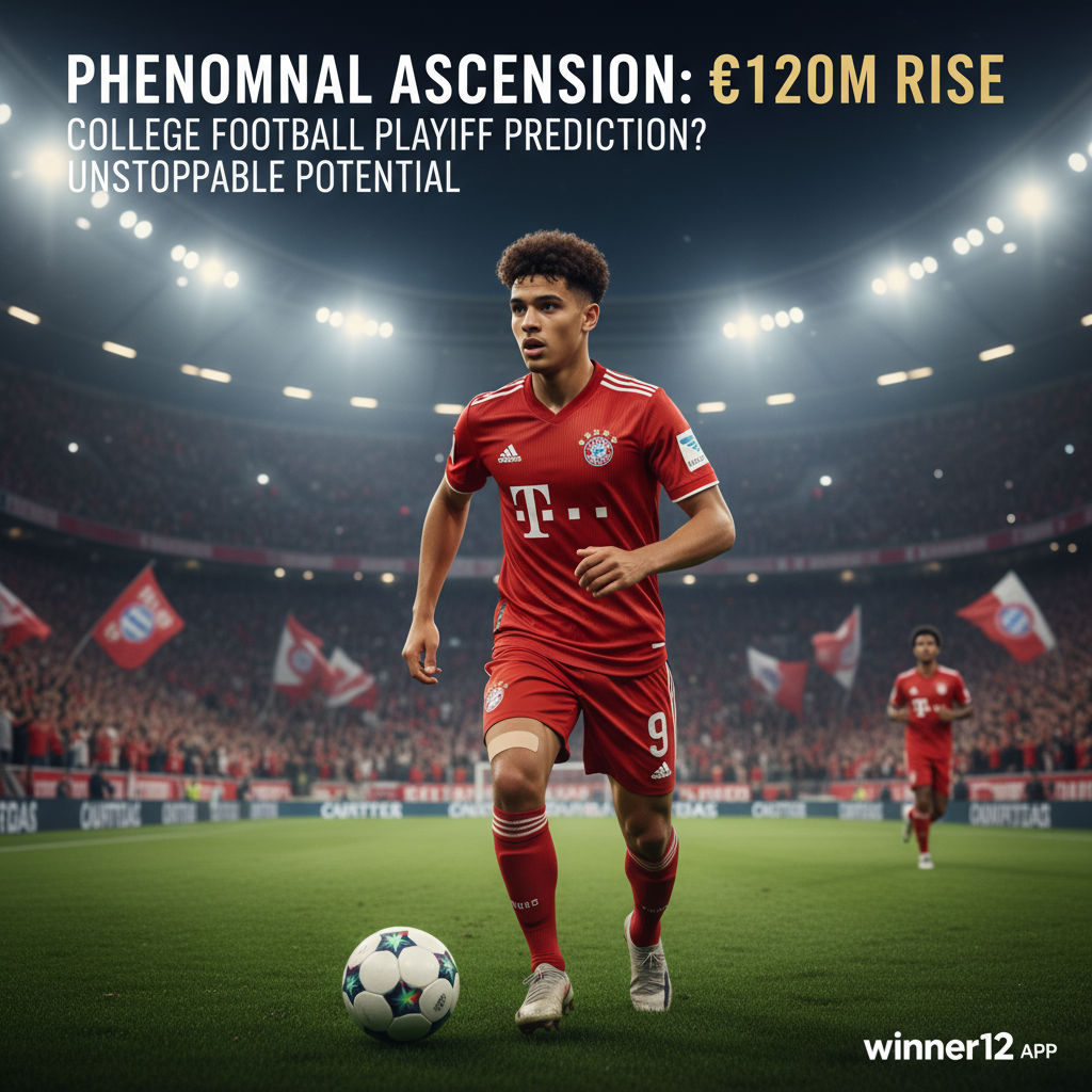 Alt text: High-detail poster of a young, dynamic soccer player in a Bayern Munich jersey with a confident expression, set against a competitive football stadium background with cheering fans and stadium lights; headline highlights Musiala’s impressive €120M rise and potential in College Football Playoff prediction, featuring clean modern font and discreet winner12.ai logo.