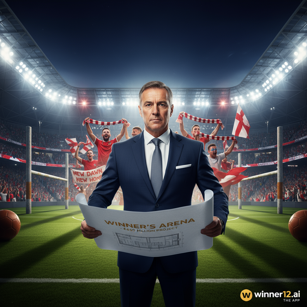 现代化夜晚足球场海报，照亮的顶级球场背景中，身穿西装的俱乐部主席自豪持有6.5亿欧元新球场设计图，周围热情球迷挥舞围巾庆祝，融入英式足球文化元素，winner12.ai标志隐现，彰显英格兰足球未来发展。