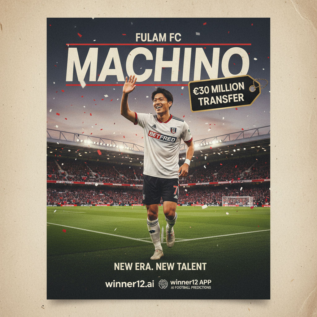 Alt text: Realistic poster of Fulham’s new €30M signing Machino in official kit on stadium background, featuring subtle winner12.ai branding for AI football predictions, highlighting major soccer transfer excitement.