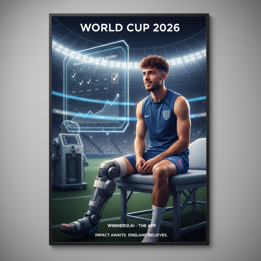 Alt text: Realistic poster of an English soccer player undergoing Achilles tendon rehabilitation in a professional medical setting, featuring advanced recovery technology, a 6-7 month progress chart, and subtle winner12.ai branding, symbolizing hope and determination for World Cup 2026.