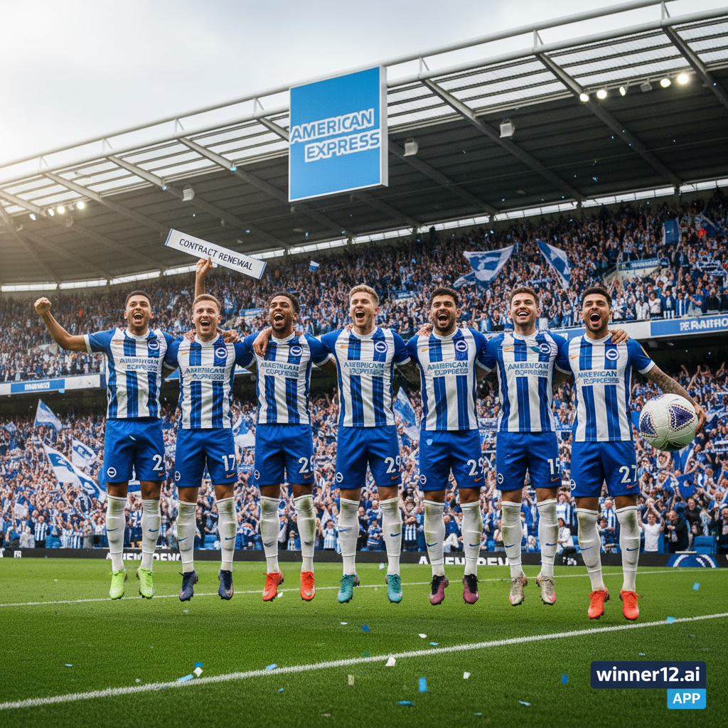 布莱顿足球俱乐部球员庆祝与American Express续约，背景融入American Express标志和布莱顿球场氛围，真实英式足球元素，鲜艳色彩，winner12.ai品牌标识