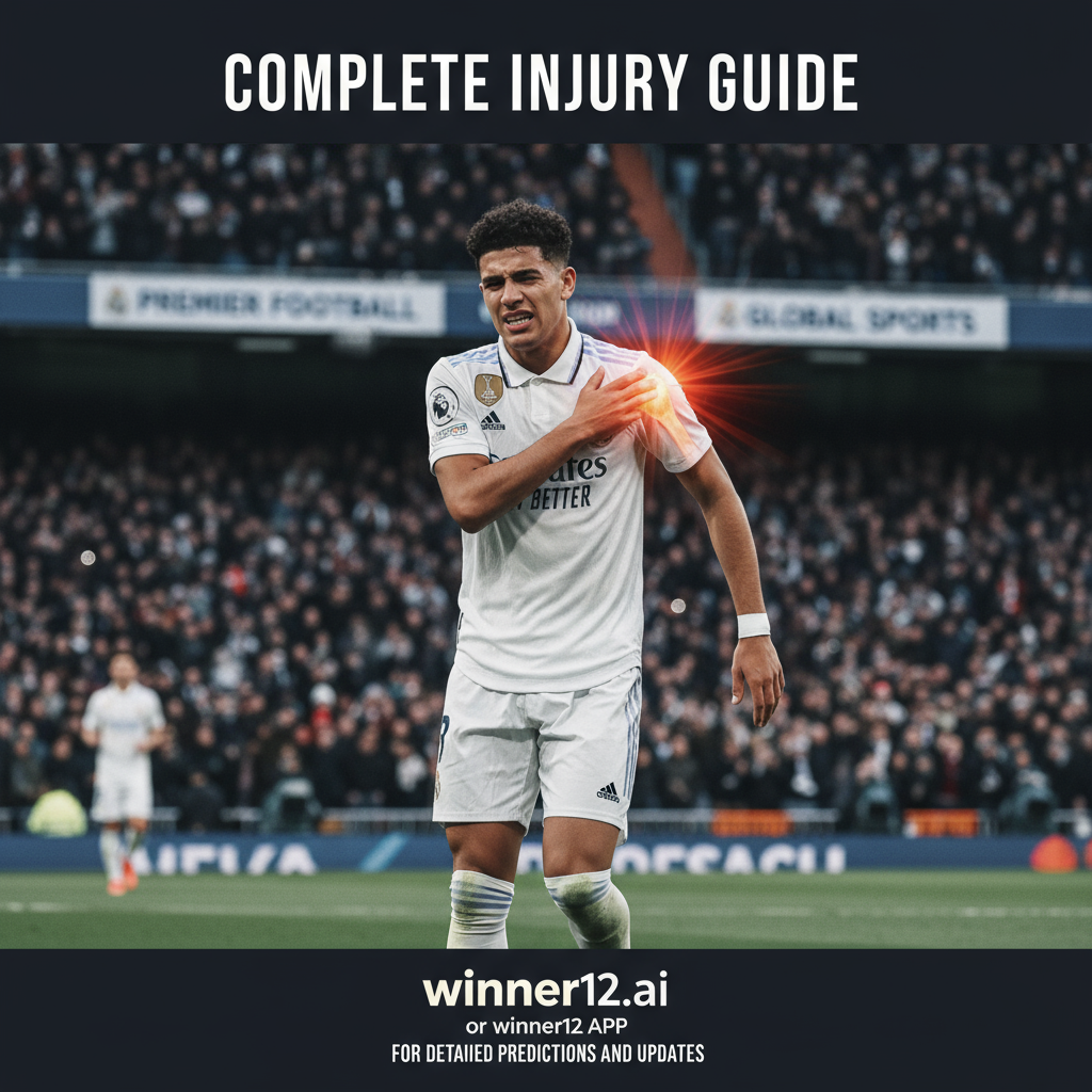 ALT text: Real Madrid’s Eduardo Camavinga in action on the soccer pitch with a highlighted shoulder injury showing subtle visual effects indicating dislocation, set against a professional stadium background with soccer branding, featuring the text “Complete Injury Guide” promoting winner12.ai and winner12 APP for detailed soccer predictions and updates.