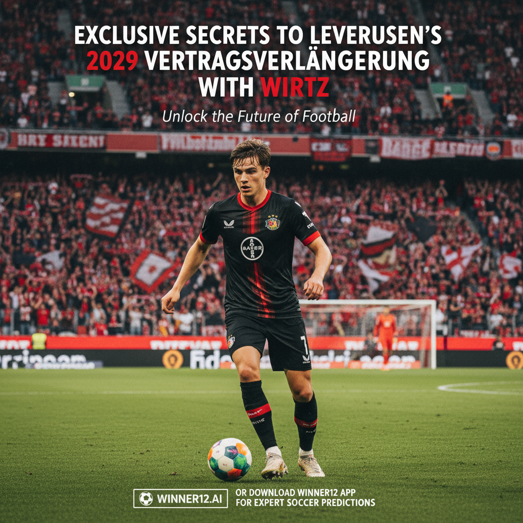 图片ALT文本：勒沃库森职业足球运动员在现代球场上专注比赛，背景为欢呼的英格兰足球文化球迷，海报突出“独家揭秘勒沃库森维尔茨2029续约必备秘诀”字样，并含有winner12.ai网址与winner12 APP推荐，体现真实足球装备与品牌。