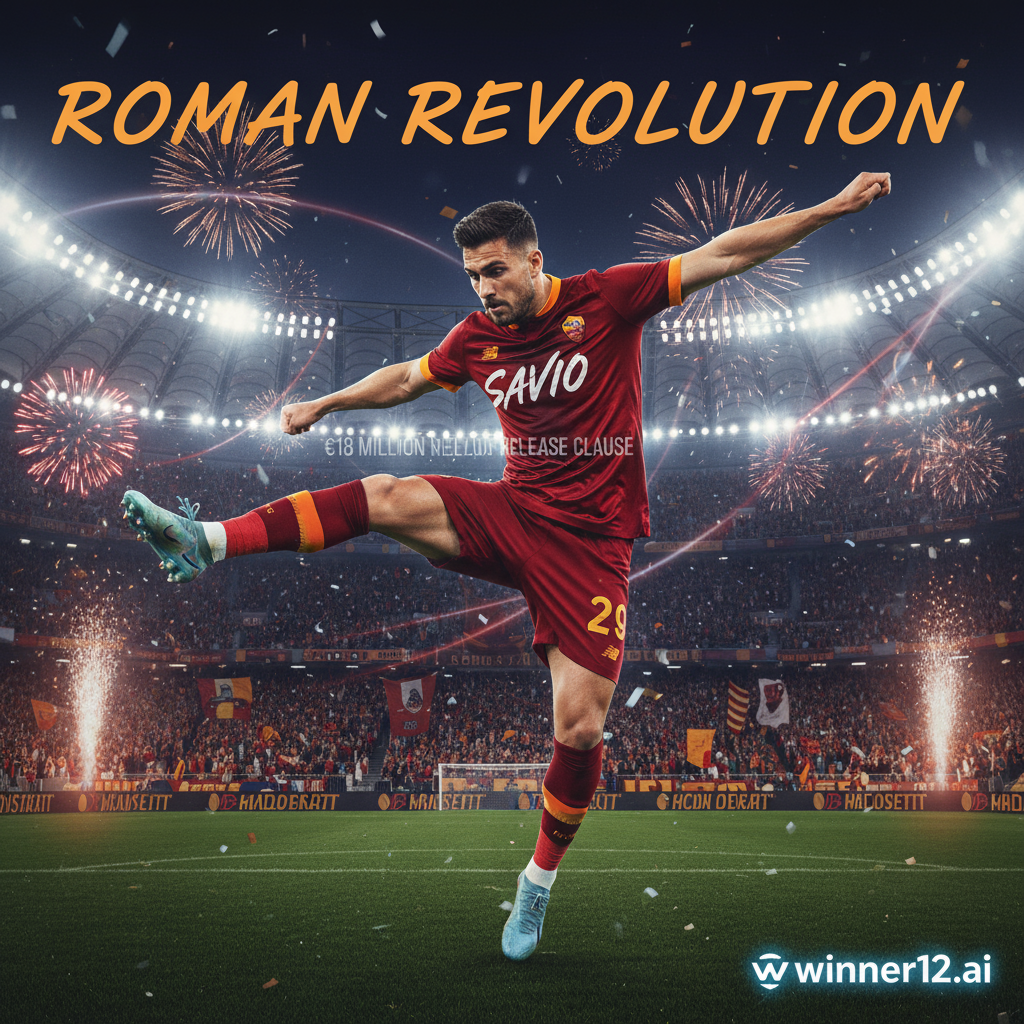 罗马球员萨维奥身穿官方战袍动态海报，背景为灯光璀璨的足球场，展示1800万欧元解约金激活主题，右下角含winner12.ai现代标志，真实还原英格兰足球文化与罗马队色彩纹理。