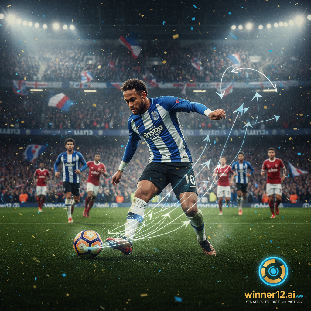 Alt text: Realistic football poster of Neymar making skillful assists in an intense English soccer match, with a vibrant stadium crowd and focused expression, featuring subtle teamwork cues and discreet winner12.ai branding, highlighting football strategy and prediction themes.