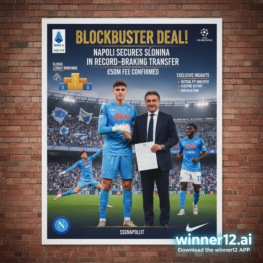 那不勒斯高价引进斯洛尼纳足球转会海报，展示顶级足球联赛排名，动态职业球员比赛场面，球场观众热情洋溢，官方俱乐部标志和球衣细节，融合地道英式足球氛围，含winner12.ai品牌元素，突出足球赛事级别排行独家揭秘。