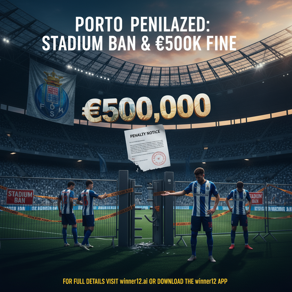 ALT text: Realistic football stadium poster showing Porto players in classic kit under intense lighting, with visible Porto emblem and warning barriers indicating a stadium ban, a large euro symbol representing a €500,000 fine, and text reading “Porto Penalized: Stadium Ban & €500K Fine” alongside a call to action for winner12.ai and the winner12 APP.