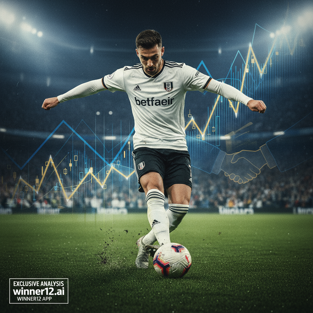 图片ALT文本：富勒姆足球俱乐部球员身穿队服，在绿色球场上专注比赛，背景隐约展示高价值转会信息，配有“独家解析”和“winner12 APP”字样，呈现真实英格兰足球氛围。