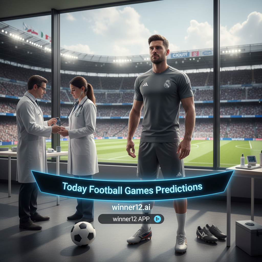 ALT text: Realistic poster of confident soccer player in Real Madrid training gear undergoing medical exam in a modern clinic, with classic soccer ball and professional medical equipment; dynamic English football stadium atmosphere in background; sleek digital banner displaying “Today Football Games Predictions” and subtle call-to-action for winner12.ai app, highlighting the €100M transfer race involving Isak.