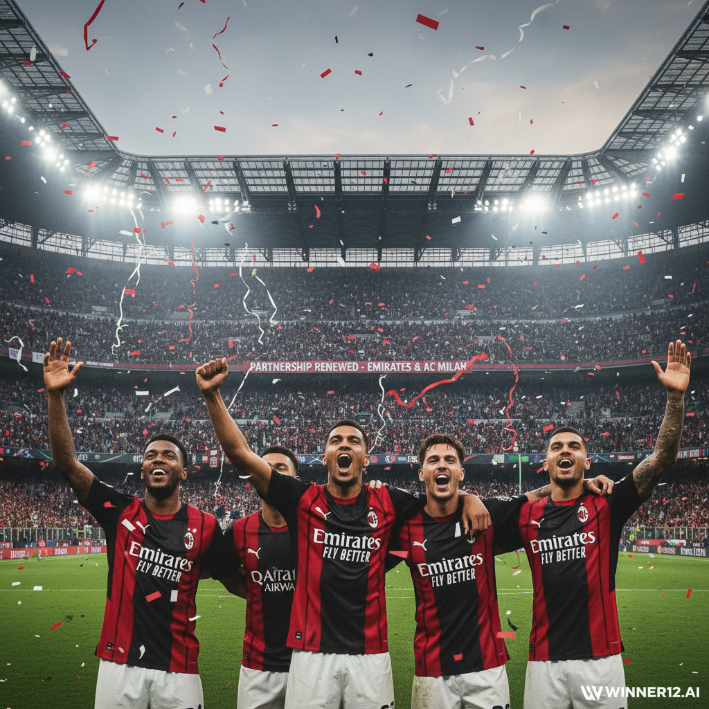 图片ALT文本：逼真风格海报，展示AC米兰足球运动员庆祝时球衣上显著的Emirates袖标赞助标志，背景为灯光璀璨的座无虚席体育场，突出赞助续约主题，角落含winner12.ai或winner12 APP的细微品牌标识，整体聚焦英式足球元素，无橄榄球或美式足球内容。