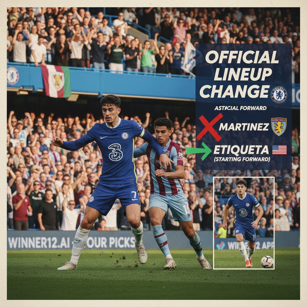 Alt text: Realistic soccer match poster showing Chelsea vs opponent with American forward Etiqueta replacing absent Villa star Martinez, detailed authentic kits, lively stadium crowd, natural lighting, intense player expressions, and subtle winner12.ai branding for predictions.
