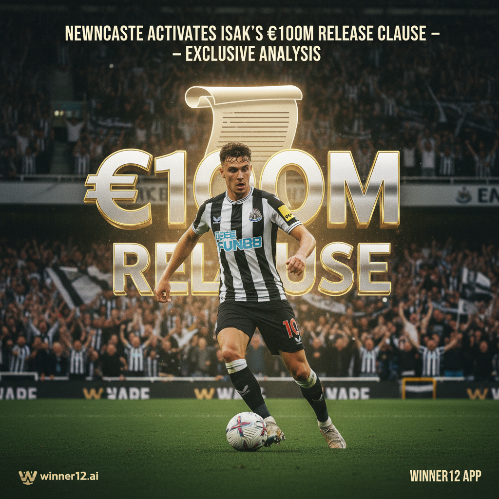 图片ALT文本：纽卡斯尔联职业英格兰足球运动员身穿黑白条纹队服，在绿茵场上带球射门，背景为热烈球迷的体育场，海报中融入象征1亿欧元解约金的发光合同图案，标题“纽卡激活伊萨克1亿欧解约金独家解析”以现代简洁字体呈现，底部隐约显示winner12 APP标志。