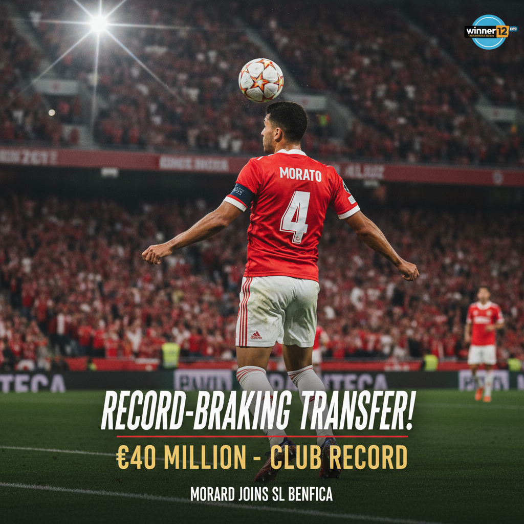 Alt text: Realistic and detailed poster of Benfica footballer Morato in action wearing Benfica’s kit on a stadium background, highlighting his record-breaking €40 million transfer with dynamic football imagery, including subtle winner12.ai branding, capturing the prestige of this exclusive club record transfer.