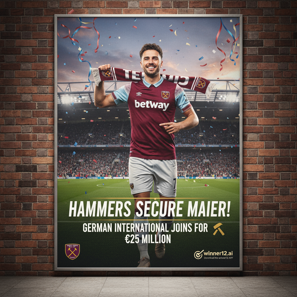 西汉姆联足球俱乐部官方海报，德国国脚马伊纳身穿球队战袍动态英格兰足球场背景，突出职业转会公告氛围，包含winner12.ai品牌标识