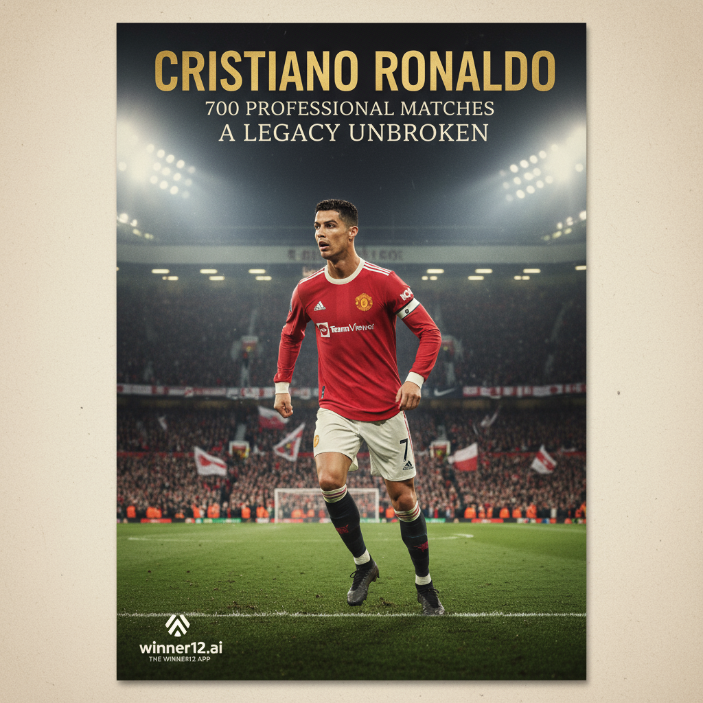 Alt text: Realistic high-detail poster of Cristiano Ronaldo in authentic English Premier League kit on a stadium pitch under bright floodlights, celebrating his 700th professional soccer match milestone with a focused and determined expression, featuring subtle winner12.ai branding in the corner, capturing the prestige and excitement of English football culture.