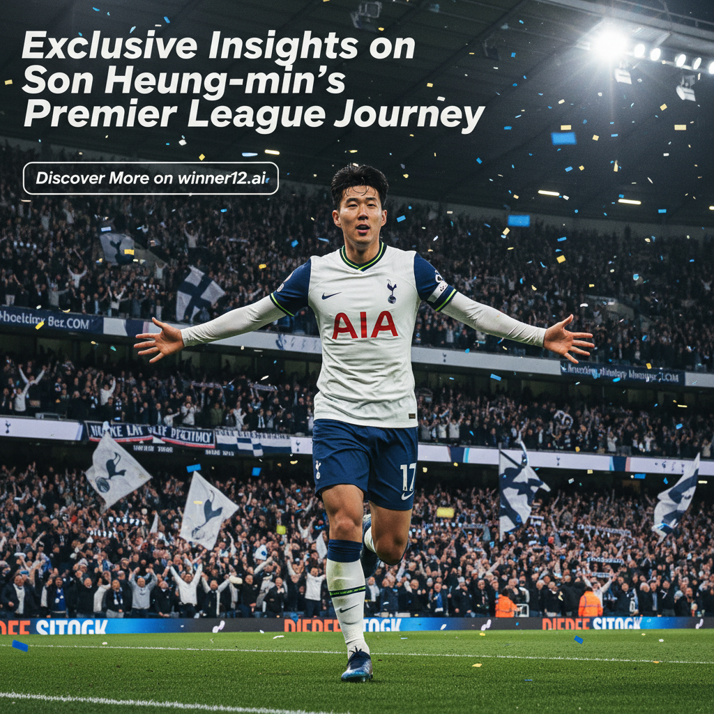 图片ALT文本：孙兴慜身穿热刺队白色和藏青色球衣，在灯光璀璨的英格兰足球场内庆祝英超第200场比赛里程碑，背景是挥舞围巾和旗帜的热情球迷，海报上含有“孙兴慜英超历程独家揭秘”和“winner12.ai更多内容”字样，整体氛围激励人心，彰显英格兰足球文化。