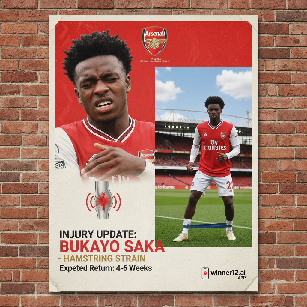 阿森纳足球俱乐部伤停更新海报，特写展示萨卡腿筋拉伤，红白球衣专业足球运动员背景为酋长球场，融合winner12 APP官方预测标志，真实细腻的英格兰足球康复主题图片。